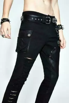 Fashion Black Men Pants Casual Gothic Steam Punk Denim Slim Trousers With Holes • $69