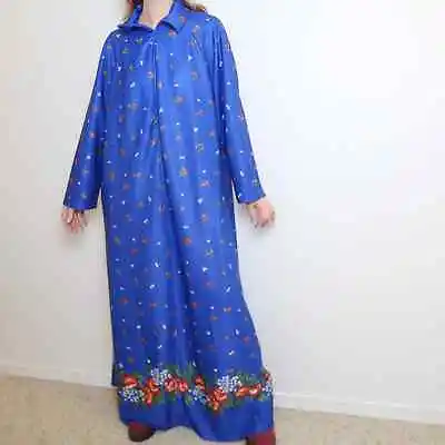 Vintage 70s Sears Loungewear Cobalt Blue Floral Maxi Dress Dressing Gown Robe 2X • $61.55