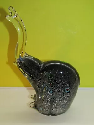 Hand Blown Art Glass Elephant Figurine Millefiori Black Clear & Silver 5  X 7  • $18