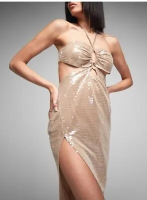 Missguided New Sequin Gold Halter Neck  Cut Out  Mini Dress Size 12. NEW. • £6.90