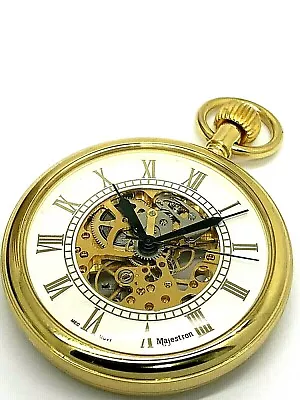 Majestrom Pocket Watch Gold Tone Case Silver Dial Roman Numerals 51mm Open Face • $69.27