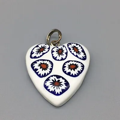 Vintage Millefiori Blue White Floral Heart Shaped Pendant • $10.22