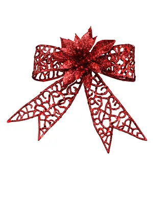 Red Mesh Look Ribbon Bow & Poinsettia Christmas Decoration - 15cm • $3.95