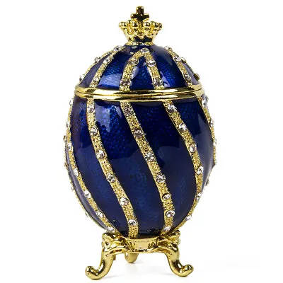 Blue Faberge Egg Replica W/Golden Crown Trinket Box Easter Gift 7.5 Cm • $24.61