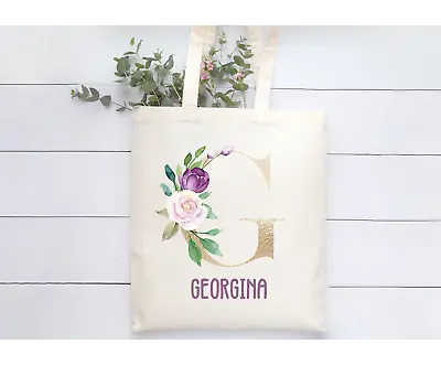 £7.99 • Buy Personalised Beige Natural Tote Bag Gold Purple Floral Letter Bridesmaid Friend 