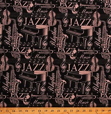 Cotton Music Instruments Bands Jazz Rhythm Bronze Fabric Print By Yard D776.93 • $12.95