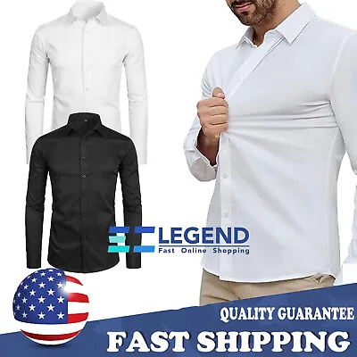 Men's Stretch Wrinkle-Free Dress Shirt Solid Long Sleeve Button Down Casual Shir • $18.95