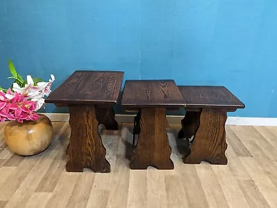 Vintage Nest Of Tables Mid Century Dark Oak Solid Wood  Beautiful Wood Grain  • £80