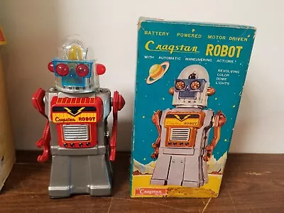 1960's CRAGSTAN JAPAN TIN BATTERY OP SILVER SKIRTED ROBOT TOY W/  BOX No Lights • $1799.99