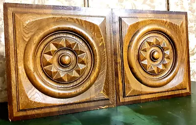 2 Diamond Rosette Wood Carving Panel - Vintage French Architectural Salvage 14  • $199