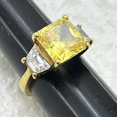 925 Silver-Vintage Shiny Citrine & Clear Jewel Plated Cocktail Ring Sz 6 KC • $45