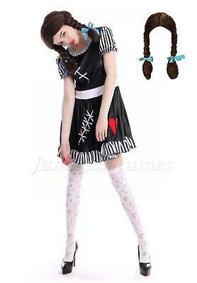 £14.99 • Buy Ladies Broken Rag Doll Costume Stockings Wig Womens Halloween Voodoo Fancy Dress