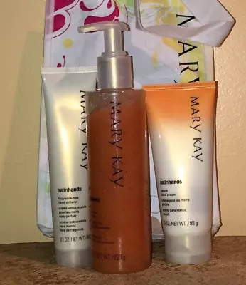 MARY KAY Peach Satin Hands 3 Pc Set FULL SIZE Scrub Softener & Cream NEW W/ BAG • $44.95