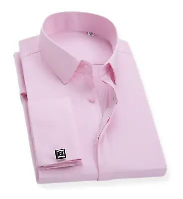 £29.99 • Buy Mens Cotton Shirt Silky Pink Double Cuff Dress Slim Fit Long Sleeve Cufflink