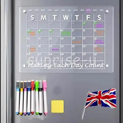 Acrylic Clear Fridge Calendar Magnetic Dry Erase For Refrigerator Planner +8 Pen • £14.75