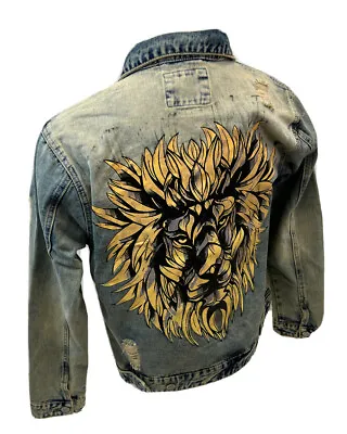 MENS VICTORIOUS DENIM Jacket BLUE INDIGO JEAN LIONS HEAD VINTAGE WASH DK211 • $39.99