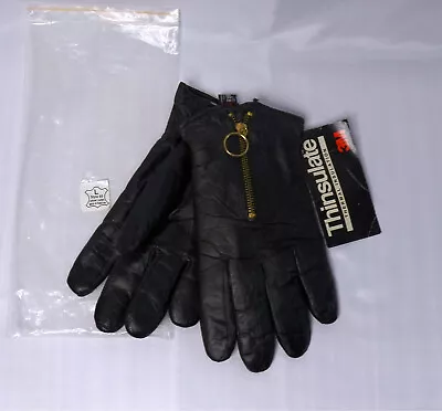 Black Thinsulate Lined Leather Gloves Motorcycle Riding Zipper Front SZ Lg • $10.99