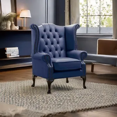 Real Leather Queen Anne Wing Chair Chesterfield Style High Back Shelly Bilberry • £419.95