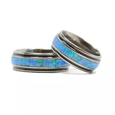 8mm Men's Titanium Tungsten Blue Opal Wedding Band Black Border Ring Size 6 - 14 • $24.99