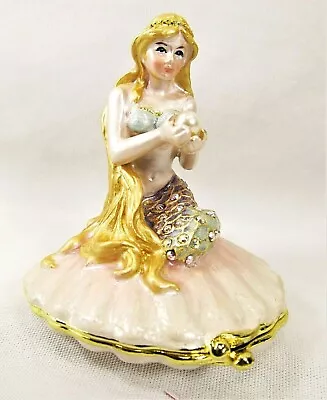 Mermaid Holding A Pearl On A Clam Shell Jeweled Pewter Trinket Box • $45.95