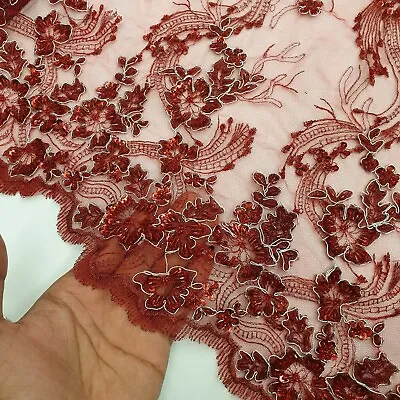 1m Red Embroidered Gem Lace Fabric Heavy Wedding Bridal Dress Sewing Craft 130cm • £59.99