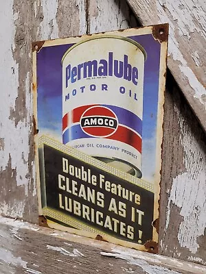 Vintage Amoco Porcelain Sign Old Permalube Garage Gas Station Motor Oil Service • $137.99