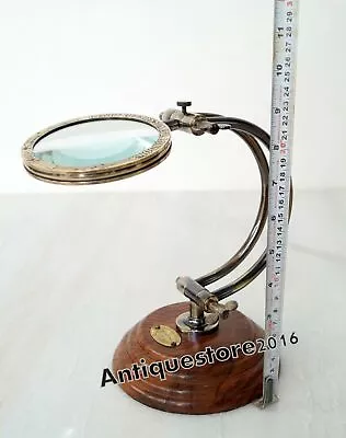 Vintage Style Brass Desk Top Adjustable Jewellers Magnifying Glass Wood Base • $131.99