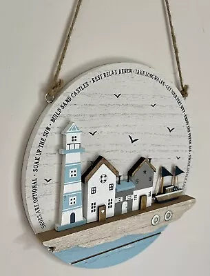 £7.99 • Buy HARBOUR WALL HANGING Lighthouse Cottages Seaside Boat Seagulls Art Sea Driftwood