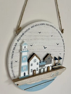 £7.99 • Buy HARBOUR WALL HANGING Lighthouse Cottages Seaside Boat Seagulls Art Sea Driftwood