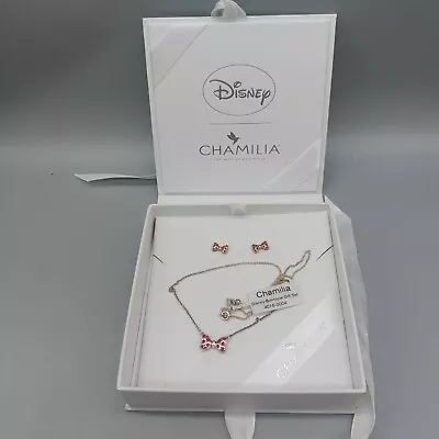 Chamilia Disney 925 Silver Minnie Mouse Bowtique Bow Necklace & Earrings Set • £35