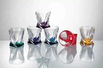 Clearance Glass Crystal Whiskey Spirit Glasses Set Of 4 -  340ml Coloured Base • £47.49