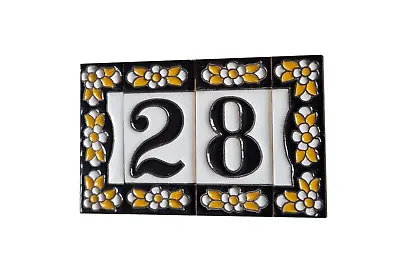 7.5 X 3.5 Cm Mini-Floral Hand-painted Ceramic Black Number Tiles & Metal Frames • £4.25