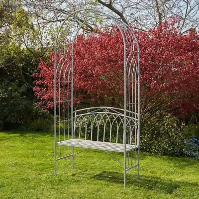 Arbour Grey Metal Garden Bench With Archway & Trellis 2 Seater Outdoor Patio • £139.99