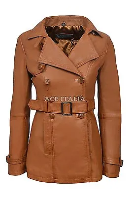 Ladies Tan Classic Trench Coat Mid Length Designer Leather Jacket 1123 • £93.41