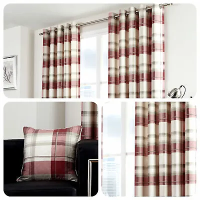 100% Cotton Country Balmoral Check Ruby Red Lined Eyelet Curtains OR Cushions • £29.99