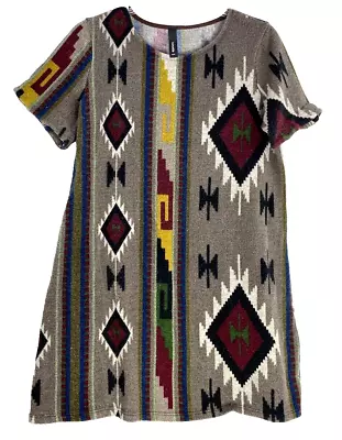 Yahada Short Sleeve Sweater Shift Mini Dress Aztec Print Dress Made In USA L • $20.44