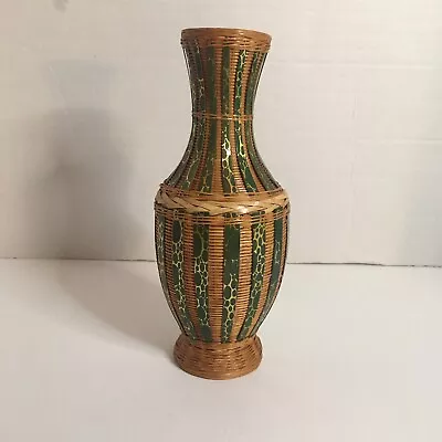 Vtg Zhejiang Handicrafts Ratan Vase Green Detail MCM Made In Peoples Republic • $15