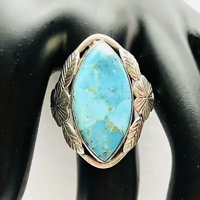 VTG Blue Turquoise Ring 925 Sterling Silver Flower Leaves Southwest Jewelry Sz 8 • $75