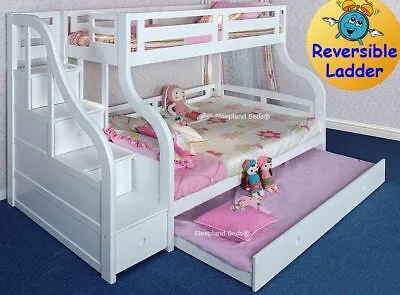 £1554 • Buy White Wooden Triple Sleeper Bunk Bed - Storage Stairs And Trundle - Solid Pine