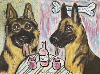 German Shepherd At The Bistro Art Print 5x7 Dog Collectible Signed KSams VIntage • $15.99