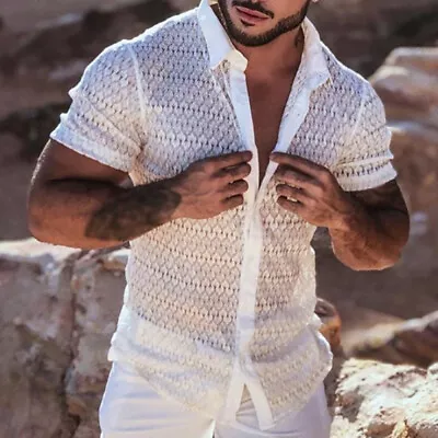 Men See Through Short Sleeve Mesh Floral Top Casual Slim Fit Muscle Party Blouse • £16.99