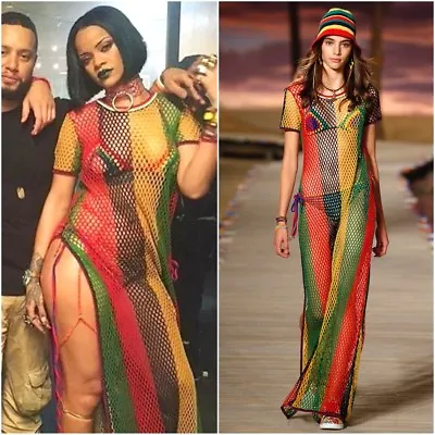 Rasta Multicolored Rihanna (work Work) Side Split Ladies String/mesh Maxi Dress • $17.69