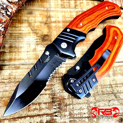 8.75  Wood Handle Knife Spring Assisted OPEN Blade Folding Hunting POCKET Knife • $14.60