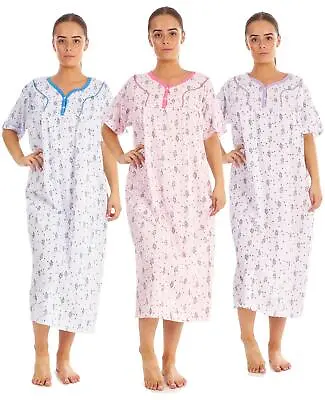 Women Cotton Long Nightdress Floral Button Short Sleeve V-Neck Soft Nightwear • £8.95