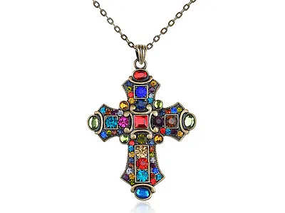 Old Medieval Vintage Inspired Colorful Crystal Rhinestone Cross Pendant Necklace • $12.59