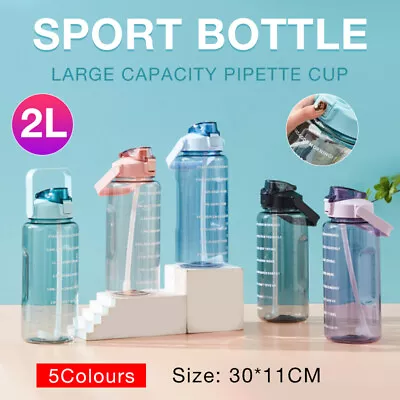 $13.88 • Buy 2L Water Bottle Straw Cup Motivational Drink Flask With Time Markings Sports Gym