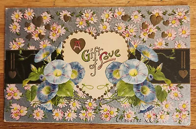 Gift Of Love Vintage Valentine Embossed  Postcard PC 1909 Heart Morning Glories • $4.98