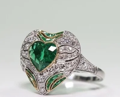 Art Deco Vintage Style 2.85Ct Heart Cut Lab-Created Emerald Wedding Silver Ring • $88.55