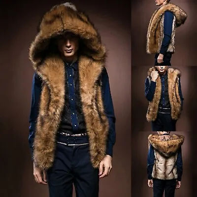 Men's Sleeveless Hooded Fluffy Faux Fur Overcoat Thicken Winter Coatigan Vest • $56.02