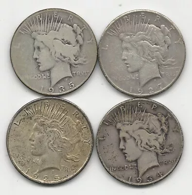 Lot Of 4 Us Silver Peace Dollars 1925/1935 Mixed Grades • $60